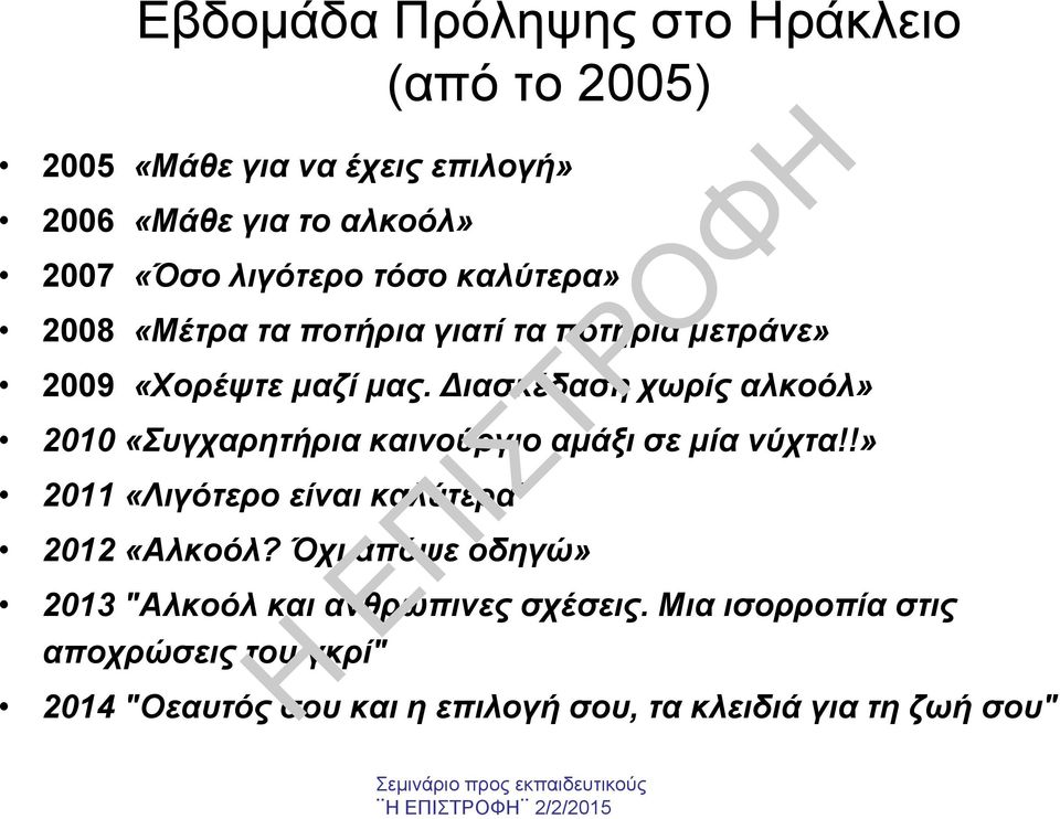 ιασκέδαση χωρίς αλκοόλ» 2010 «Συγχαρητήρια καινούργιο αµάξι σε µία νύχτα!!» 2011 «Λιγότερο είναι καλύτερα" 2012 «Αλκοόλ?