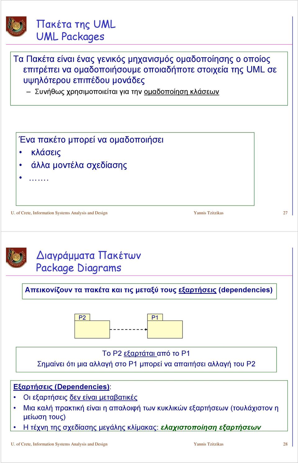 of Crete, Information Systems Analysis and Design Yannis Tzitzikas 27 ιαγράμματα Πακέτων Package Diagrams Απεικονίζουν τα πακέτα και τις μεταξύ τους εξαρτήσεις (dependencies) P2 P1 To P2 εξαρτάται