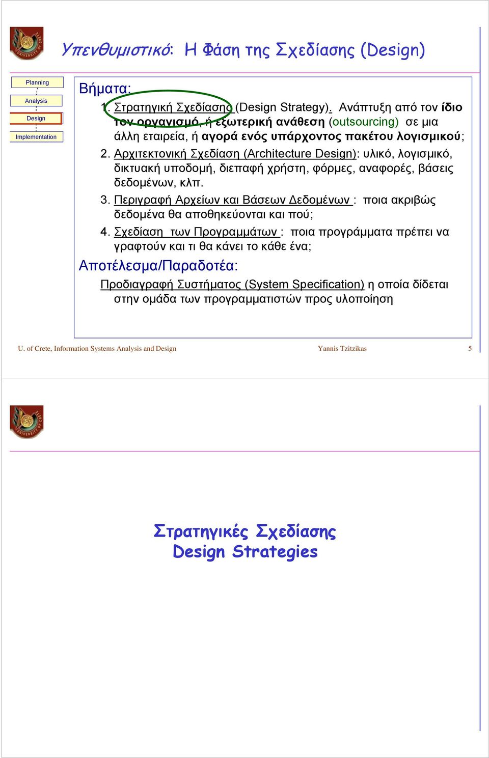 Αρχιτεκτονική Σχεδίαση (Architecture Design): υλικό, λογισμικό, δικτυακή υποδομή, διεπαφή χρήστη, φόρμες, αναφορές, βάσεις δεδομένων, κλπ. 3.