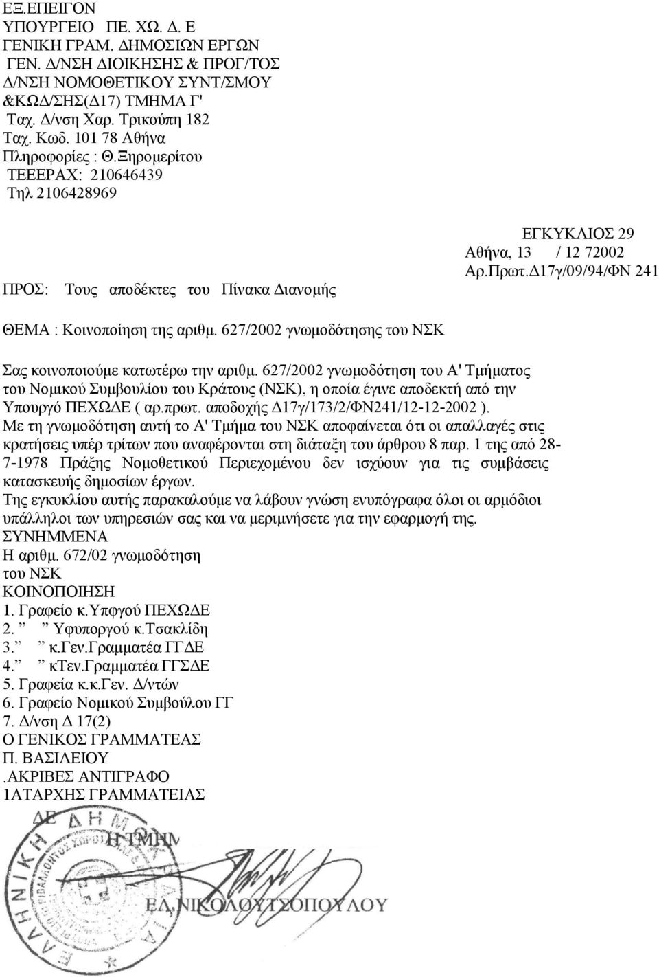 Δ17γ/09/94/ΦΝ 241 ΘΕΜΑ : Κοινοποίηση της αριθμ. 627/2002 γνωμοδότησης του ΝΣΚ Σας κοινοποιούμε κατωτέρω την αριθμ.