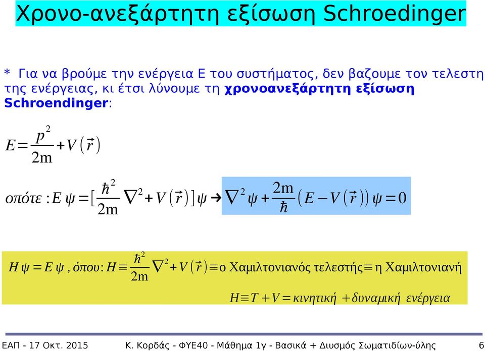 r)]ψ 2 ψ + 2m ħ (E V ( r )) ψ =0 H ψ =E ψ, όπου: H ħ2 2m 2 +V ( r ) ο Χαμ ιλτονιανός τελεστής η Χαμιλτονιανή Η T