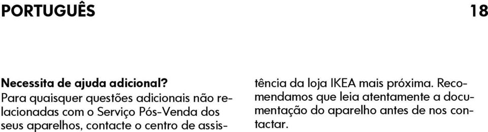 Pós-Venda dos seus aparelhos, contacte o centro de assistência da loja