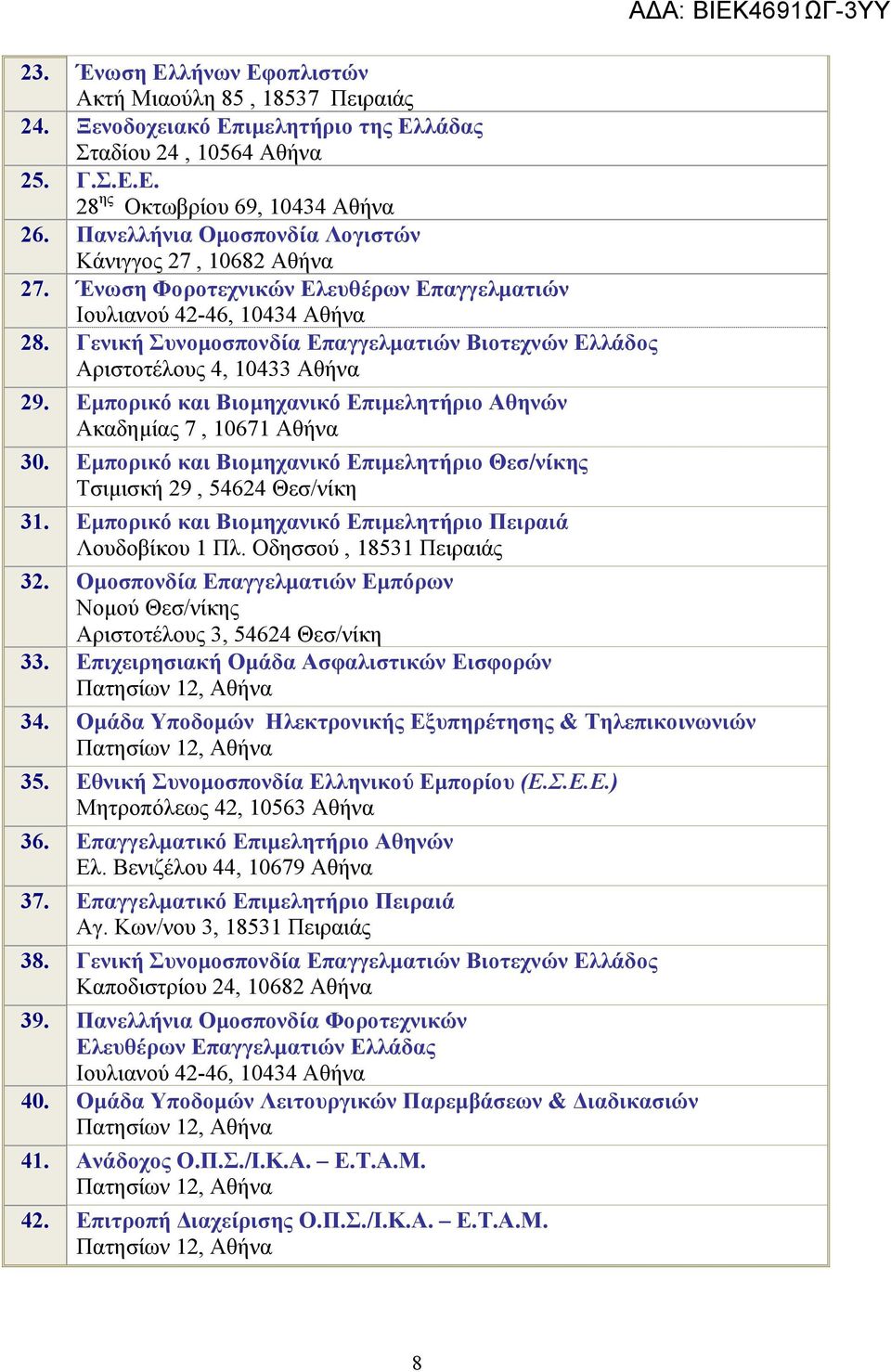 Γενική Συνομοσπονδία Επαγγελματιών Βιοτεχνών Ελλάδος Αριστοτέλους 4, 10433 Αθήνα 29. Εμπορικό και Βιομηχανικό Επιμελητήριο Αθηνών Ακαδημίας 7, 10671 Αθήνα 30.