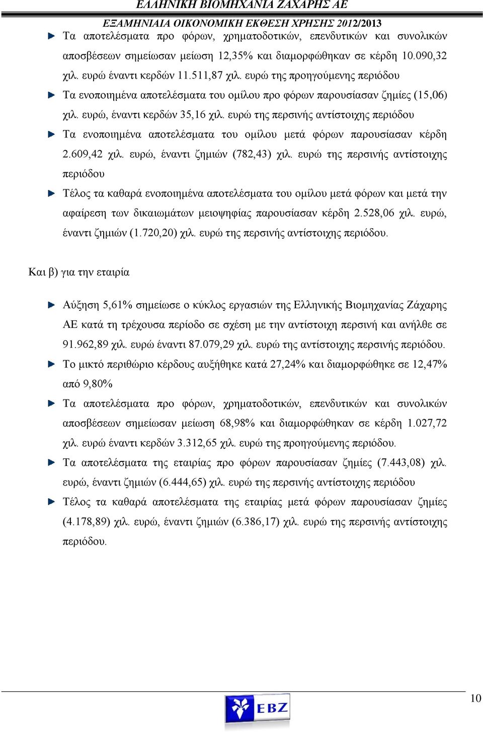 ευρώ της περσινής αντίστοιχης περιόδου Τα ενοποιημένα αποτελέσματα του ομίλου μετά φόρων παρουσίασαν κέρδη 2.609,42 χιλ. ευρώ, έναντι ζημιών (782,43) χιλ.