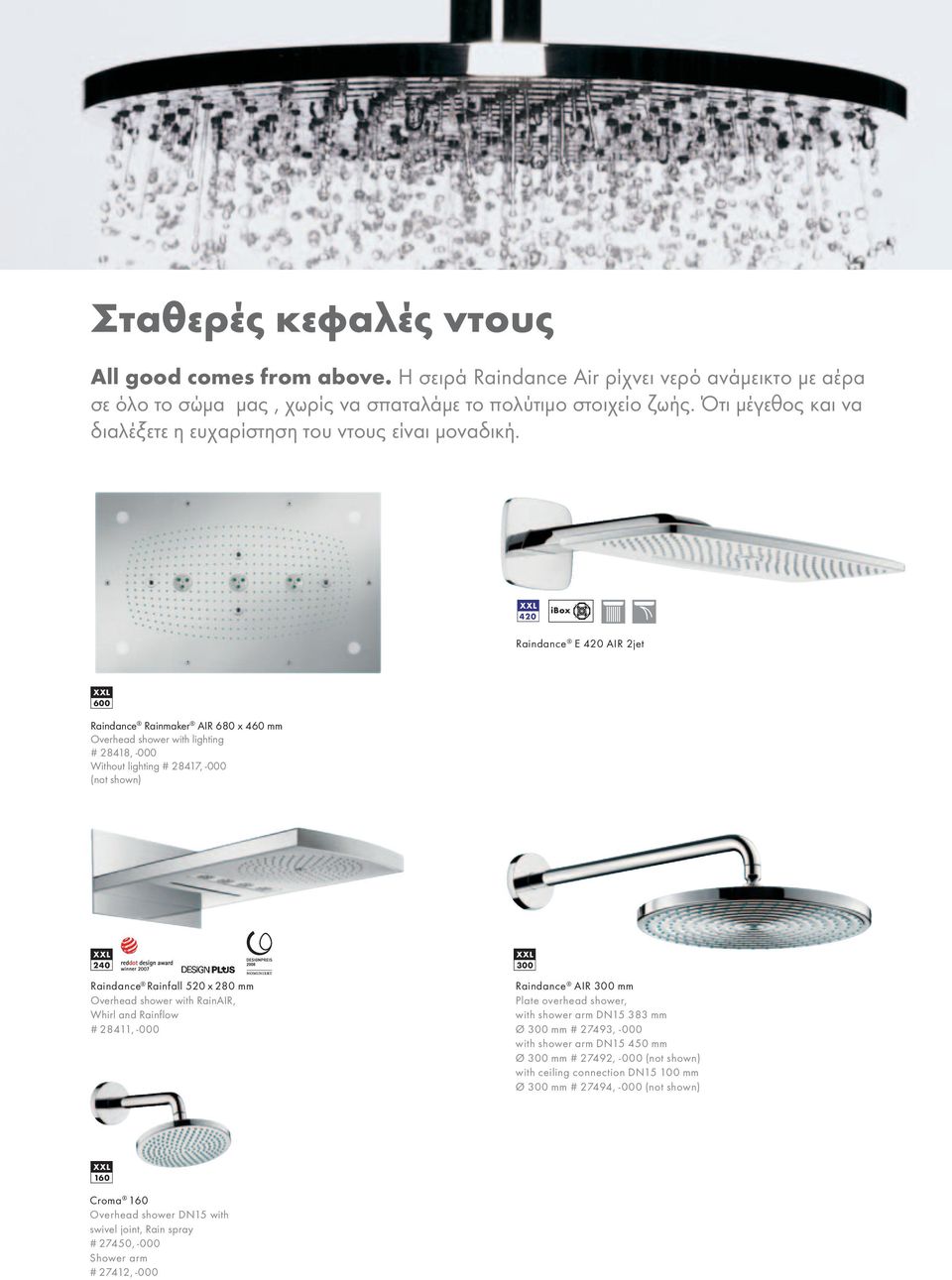 420 ibox Raindance E 420 AIR 2jet 600 Raindance Rainmaker AIR 680 x 460 mm Overhead shower with lighting # 28418, -000 Without lighting # 28417, -000 (not shown) 240 Raindance Rainfall 520 x 280 mm