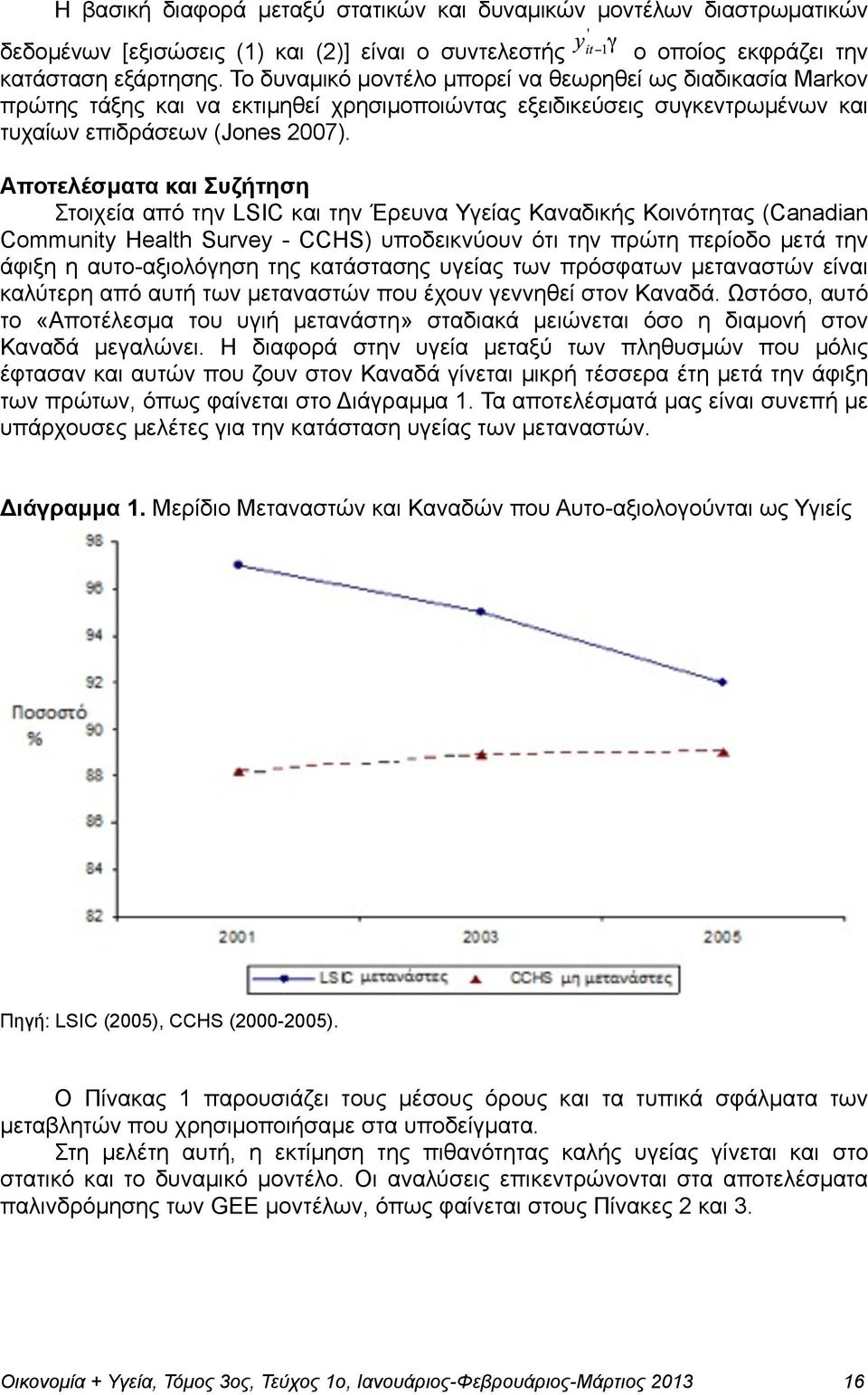 Αποτελέσµατα και Συζήτηση Στοιχεία από την LSIC και την Έρευνα Υγείας Καναδικής Κοινότητας (Canadian Community Health Survey - CCHS) υποδεικνύουν ότι την πρώτη περίοδο µετά την άφιξη η