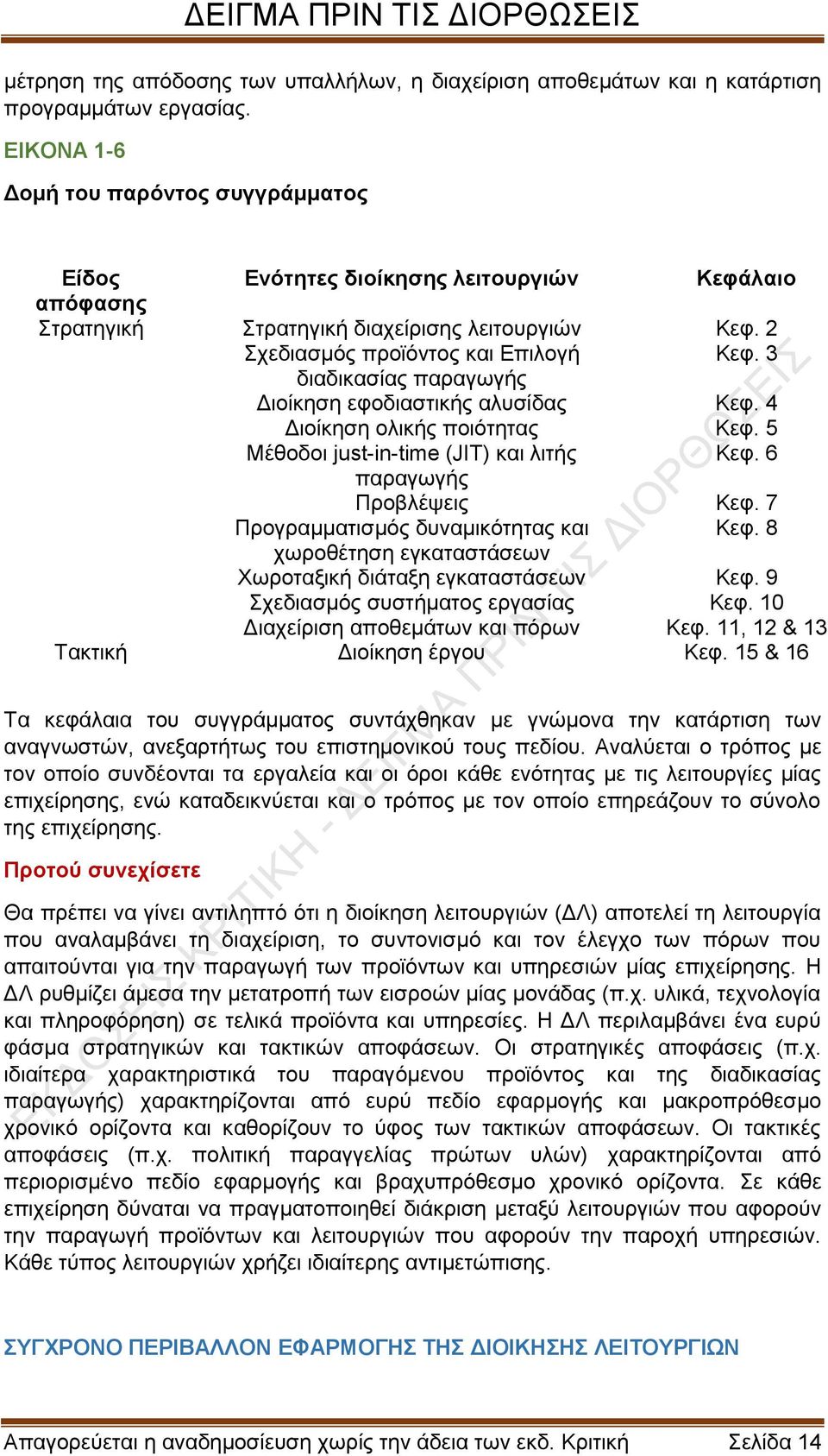 3 διαδικασίας παραγωγής Διοίκηση εφοδιαστικής αλυσίδας Κεφ. 4 Διοίκηση ολικής ποιότητας Κεφ. 5 Μέθοδοι just-in-time (JIT) και λιτής Κεφ. 6 παραγωγής Προβλέψεις Κεφ.