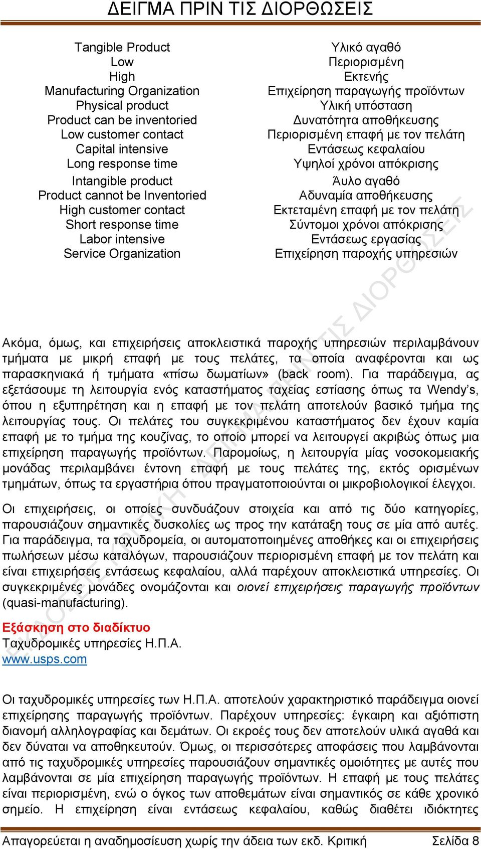 Περιορισμένη επαφή με τον πελάτη Εντάσεως κεφαλαίου Υψηλοί χρόνοι απόκρισης Άυλο αγαθό Αδυναμία αποθήκευσης Εκτεταμένη επαφή με τον πελάτη Σύντομοι χρόνοι απόκρισης Εντάσεως εργασίας Επιχείρηση