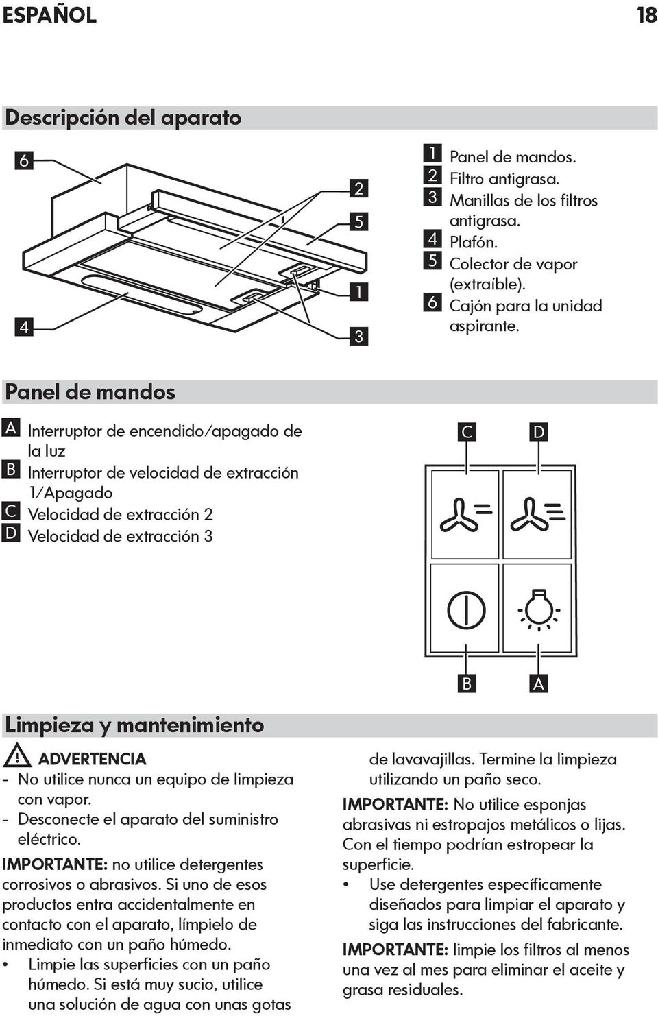 A ADVERTENCIA - No utilice nunca un equipo de limpieza con vapor. - Desconecte el aparato del suministro eléctrico. IMPORTANTE: no utilice detergentes corrosivos o abrasivos.