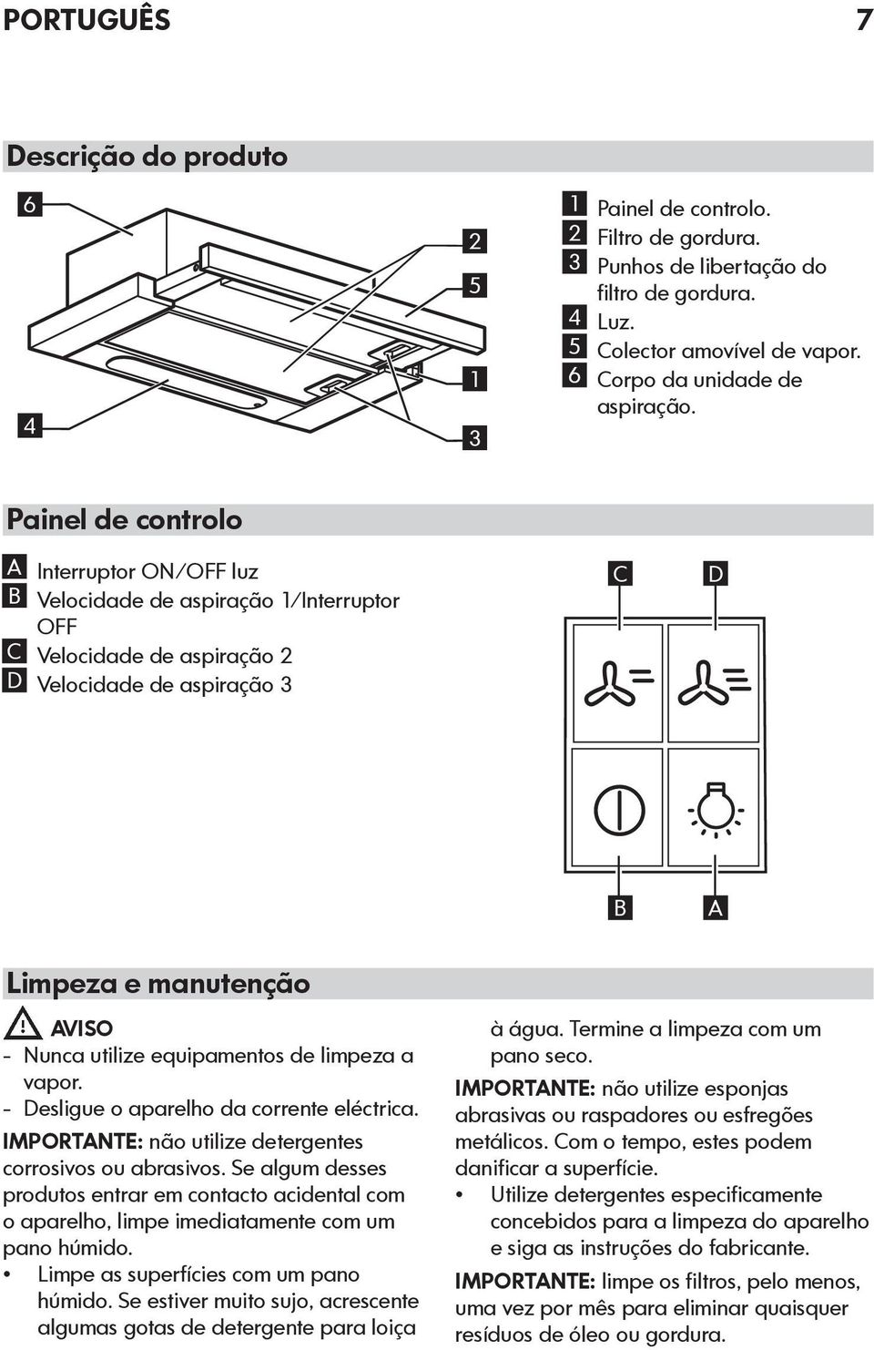 Painel de controlo A Interruptor ON/OFF luz B Velocidade de aspiração 1/Interruptor OFF C Velocidade de aspiração 2 D Velocidade de aspiração 3 C D B A Limpeza e manutenção AVISO - Nunca utilize