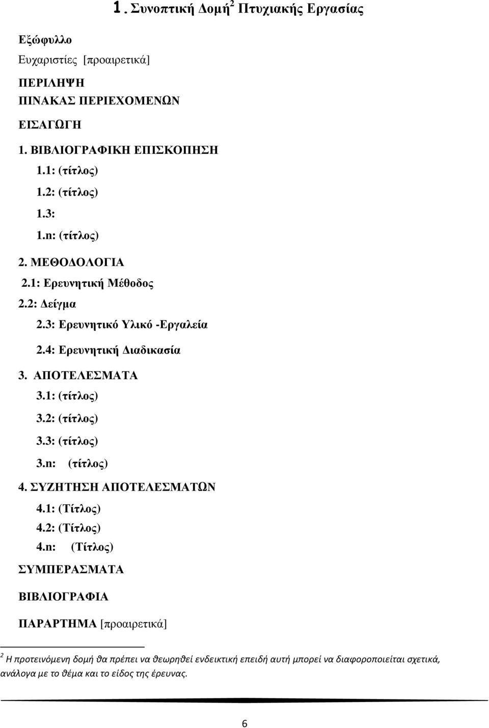 1: (τίτλος) 3.2: (τίτλος) 3.3: (τίτλος) 3.n: (τίτλος) 4. ΣΥΖΗΤΗΣΗ ΑΠΟΤΕΛΕΣΜΑΤΩΝ 4.1: (Τίτλος) 4.2: (Τίτλος) 4.