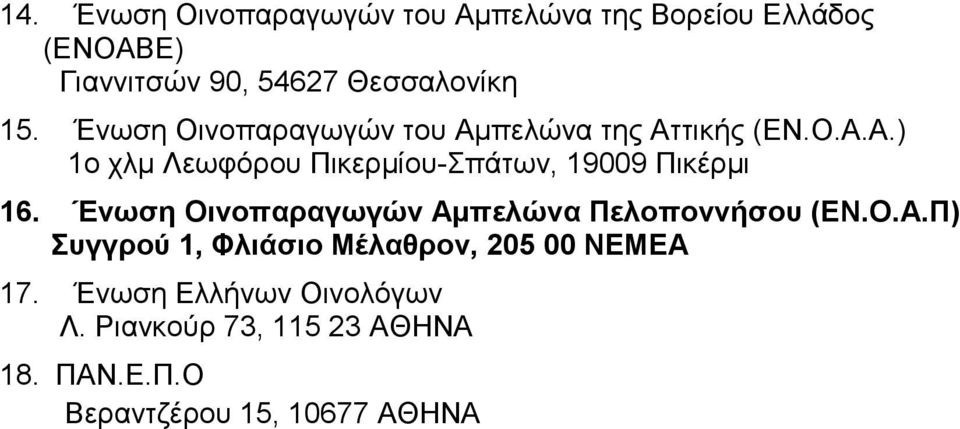 Ένωση Οινοπαραγωγών Αµπελώνα Πελοποννήσου (ΕΝ.Ο.Α.Π) Συγγρού 1, Φλιάσιο Μέλαθρον, 205 00 ΝΕΜΕΑ 17.
