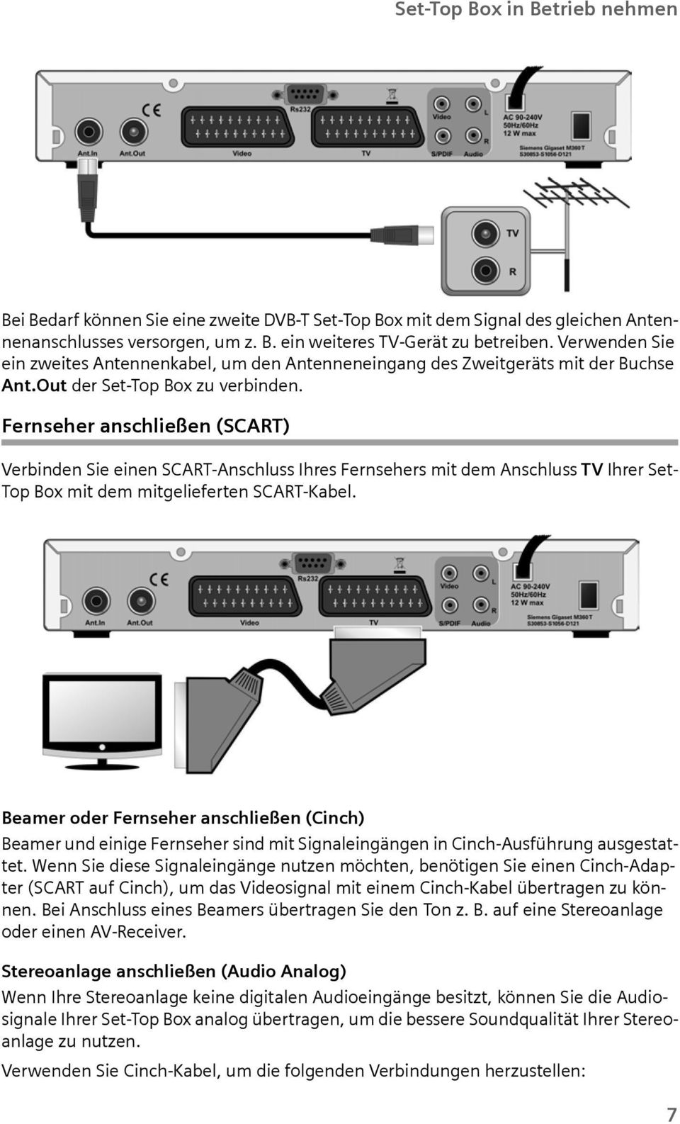 Fernseher anschließen (SCART) Verbinden Sie einen SCART-Anschlss Ihres Fernsehers mit dem Anschlss TV Ihrer Set- Top Bo mit dem mitgelieferten SCART-Kabel.