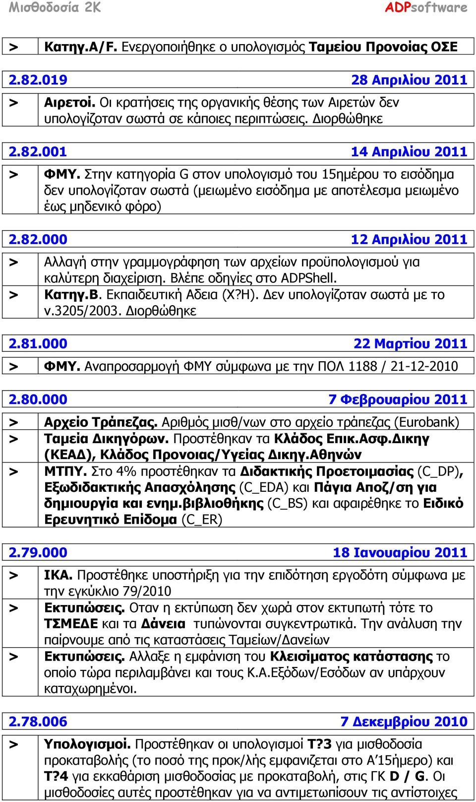 Βλέπε οδηγίες στο ADPShell. > Κατηγ.Β. Εκπαιδευτική Αδεια (X?H). Δεν υπολογίζοταν σωστά με το ν.3205/2003. Διορθώθηκε 2.81.000 22 Μαρτίου 2011 > ΦΜΥ.