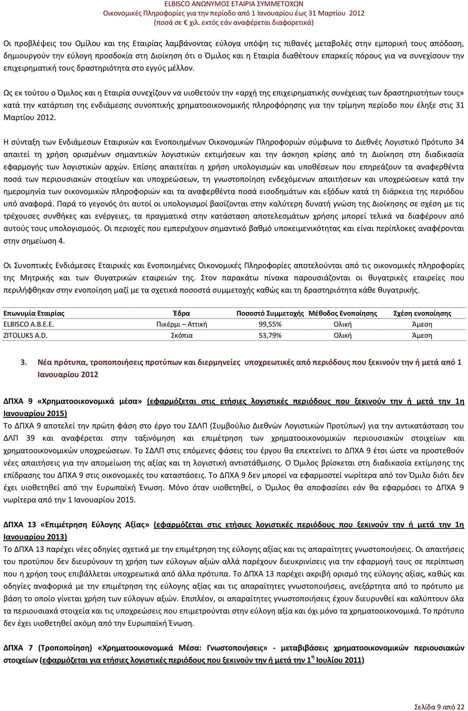 Ως εκ τούτου ο και η συνεχίζουν να υιοθετούν την «αρχή της επιχειρηματικής συνέχειας των δραστηριοτήτων τους» κατά την κατάρτιση της ενδιάμεσης συνοπτικής χρηματοοικονομικής πληροφόρησης για την