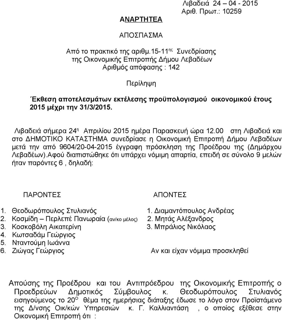 μετά την πό 9604/20-04-2015 έγγρφη πρόσκληση της Προέδρου της (Δημάρχου Λεβδέων)Αφού διπιστώθηκε ότι υπάρχει νόμιμη πρτί, επειδή σε σύνολο 9 μελών ήτν πρόντες 6, δηλδή: ΠΑΡΟΝΤΕΣ ΑΠΟΝΤΕΣ 1