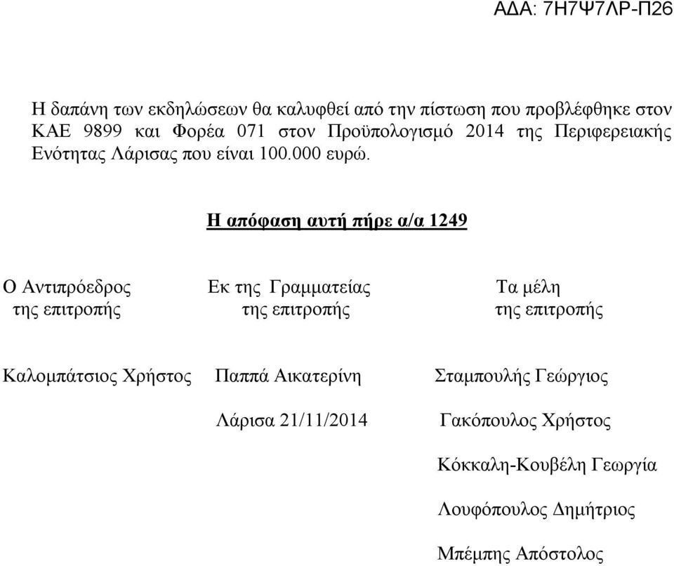 Η απόφαση αυτή πήρε α/α 1249 Ο Αντιπρόεδρος Εκ της Γραμματείας Τα μέλη της επιτροπής της επιτροπής της επιτροπής