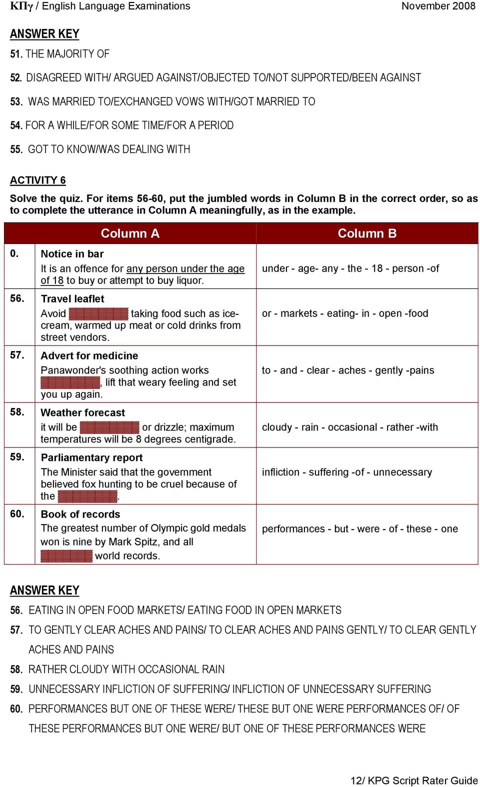 For items 56-60, put the jumbled words in Column Β in the correct order, so as to complete the utterance in Column A meaningfully, as in the example. Column A 0.