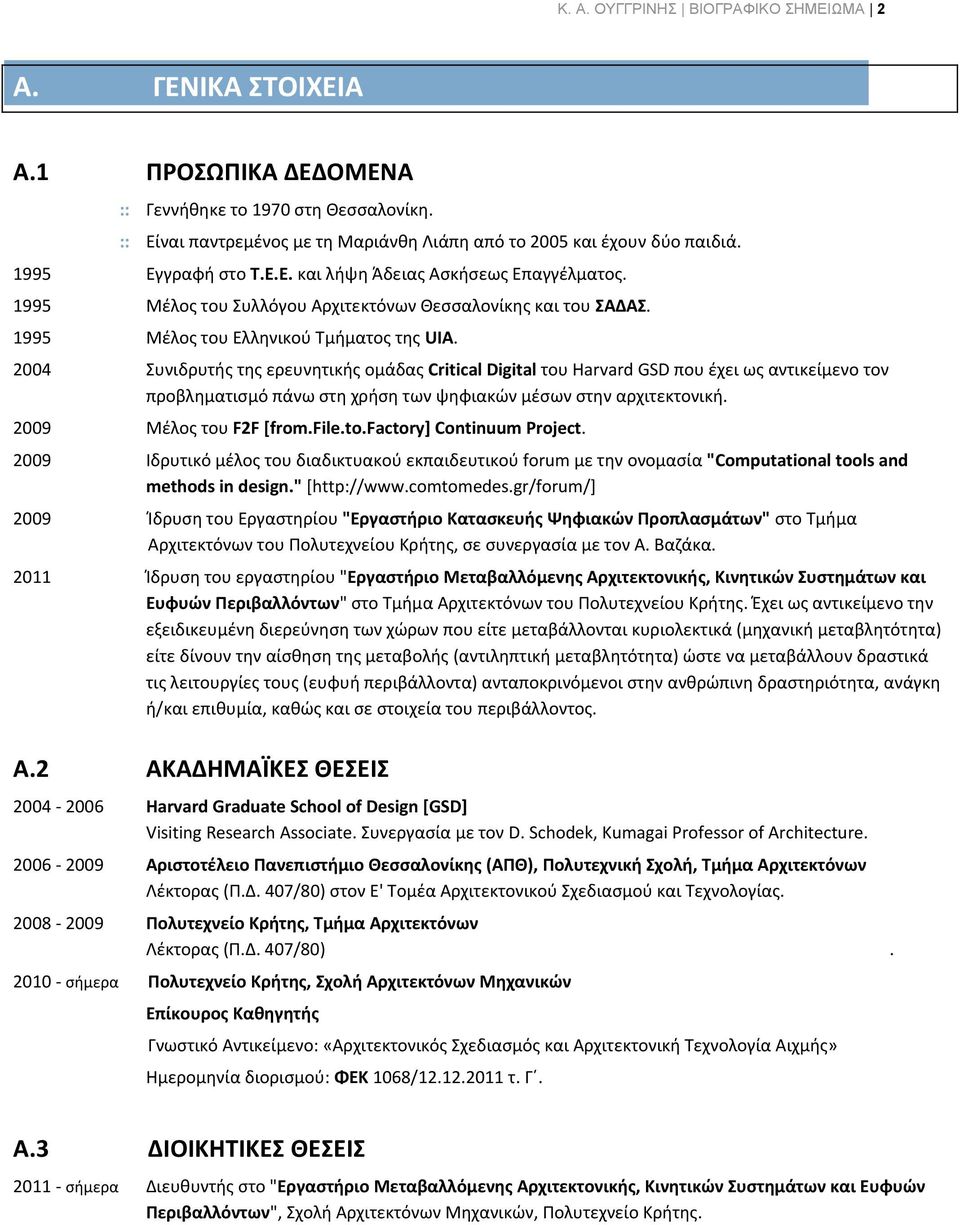 2004 Συνιδρυτισ τθσ ερευνθτικισ ομάδασ Critical Digital του Harvard GSD που ζχει ωσ αντικείμενο τον προβλθματιςμό πάνω ςτθ χριςθ των ψθφιακϊν μζςων ςτθν αρχιτεκτονικι. 2009 Μζλοσ του F2F [from.file.