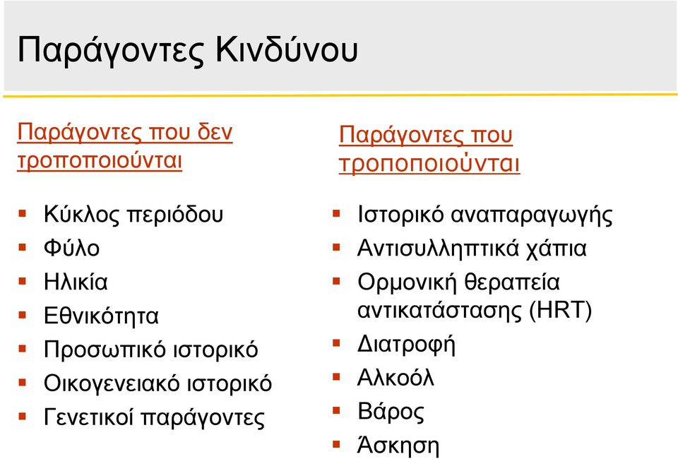 παράγοντες Παράγοντες που τροποποιούνται Ιστορικό αναπαραγωγής