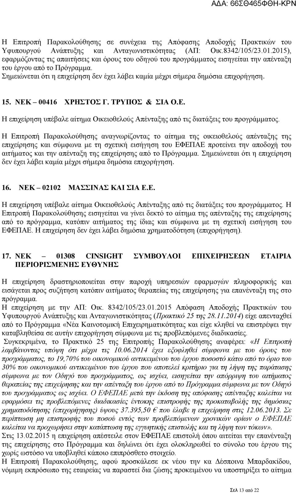 Σημειώνεται ότι η επιχείρηση δεν έχει λάβει καμία μέχρι σήμερα δημόσια επιχορήγηση. 15. ΝΕΚ 00416 ΧΡΗΣΤΟΣ Γ. ΤΡΥΠΟΣ & ΣΙΑ Ο.Ε. Η επιχείρηση υπέβαλε αίτημα Οικειοθελούς Απένταξης από τις διατάξεις του προγράμματος.