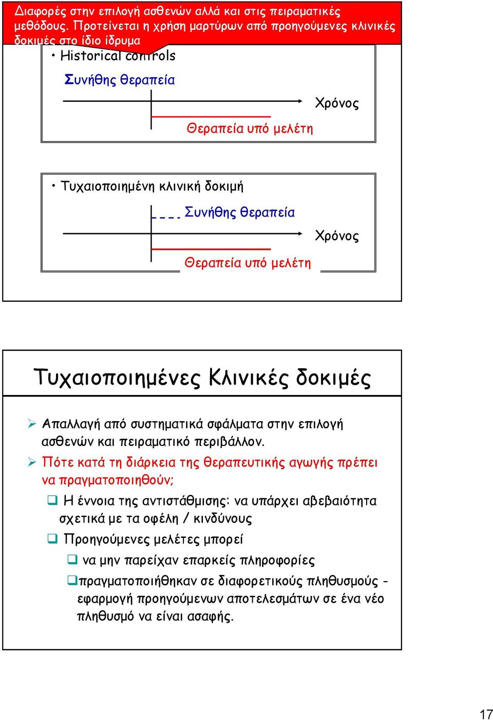 θεραπεία Χρόνος Θεραπεία υπό μελέτη Τυχαιοποιημένες Κλινικές δοκιμές Απαλλαγή από συστηματικά σφάλματα στην επιλογή ασθενών και πειραματικό περιβάλλον.