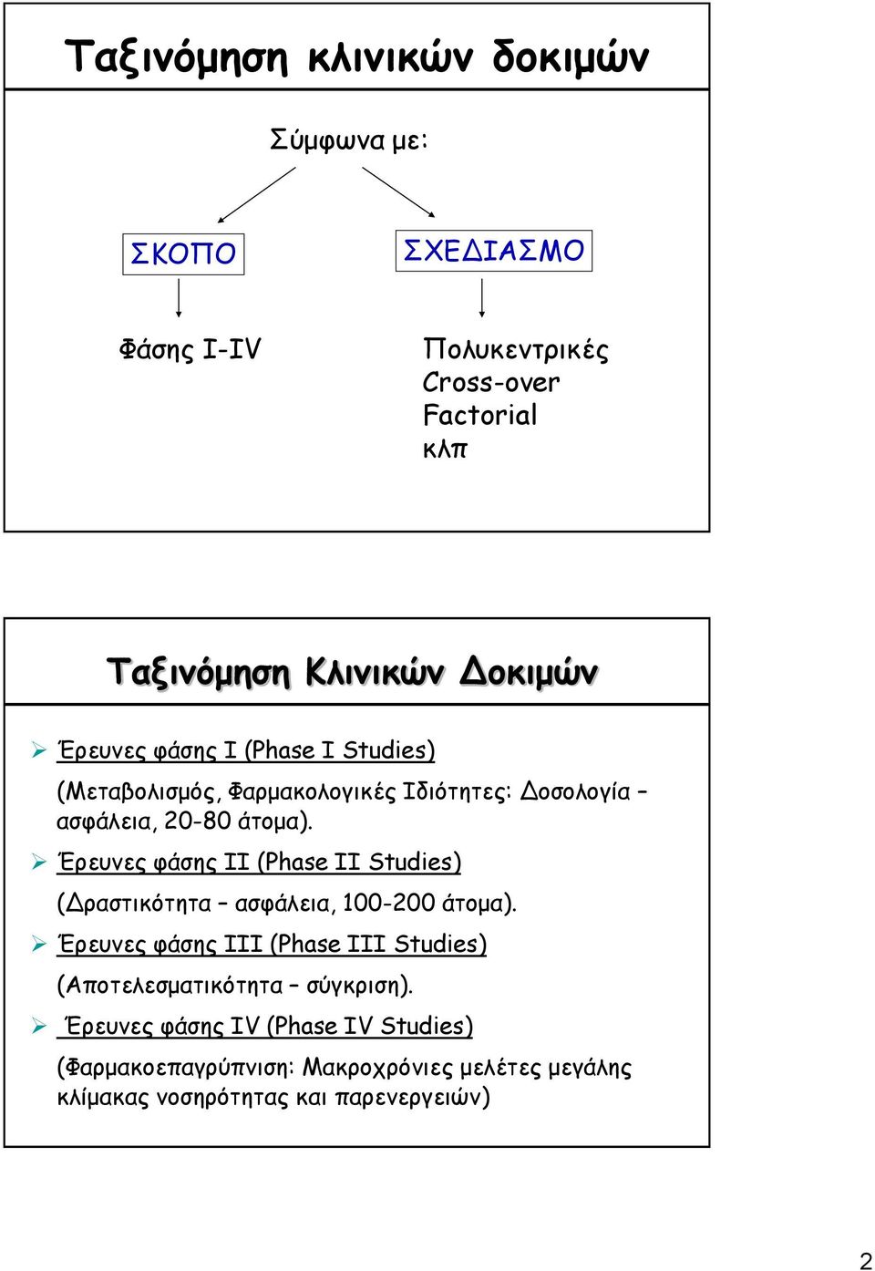 Έρευνες φάσης ΙΙ (Phase IΙ Studies) (Δραστικότητα ασφάλεια, 100-200 άτομα).