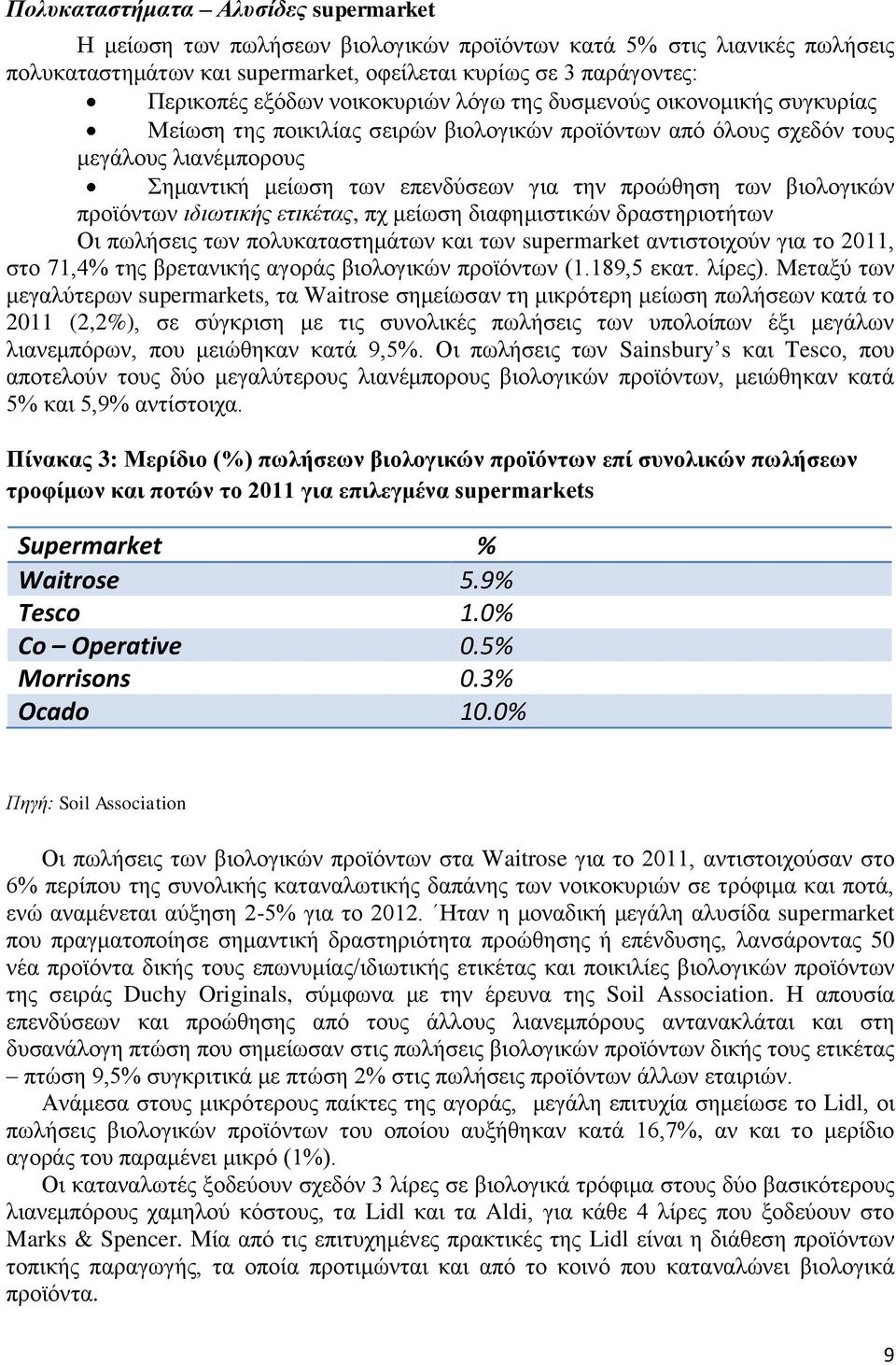 βιολογικών προϊόντων ιδιωτικής ετικέτας, πχ μείωση διαφημιστικών δραστηριοτήτων Οι πωλήσεις των πολυκαταστημάτων και των supermarket αντιστοιχούν για το 2011, στο 71,4% της βρετανικής αγοράς