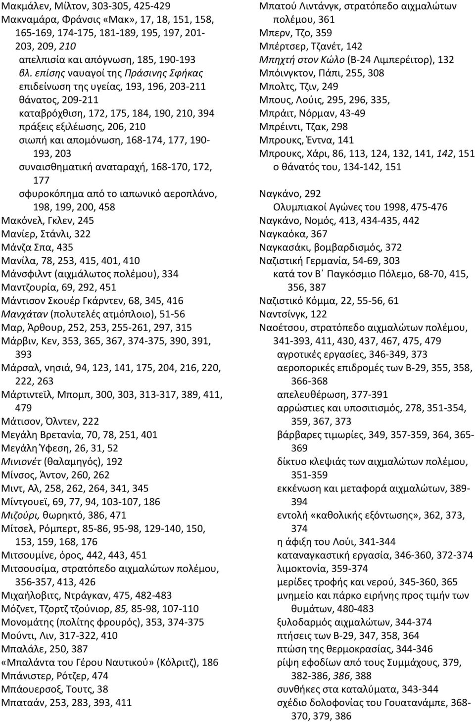 190-193, 203 συναισθηματική αναταραχή, 168-170, 172, 177 σφυροκόπημα από το ιαπωνικό αεροπλάνο, 198, 199, 200, 458 Μακόνελ, Γκλεν, 245 Μανίερ, Στάνλι, 322 Μάνζα Σπα, 435 Μανίλα, 78, 253, 415, 401,