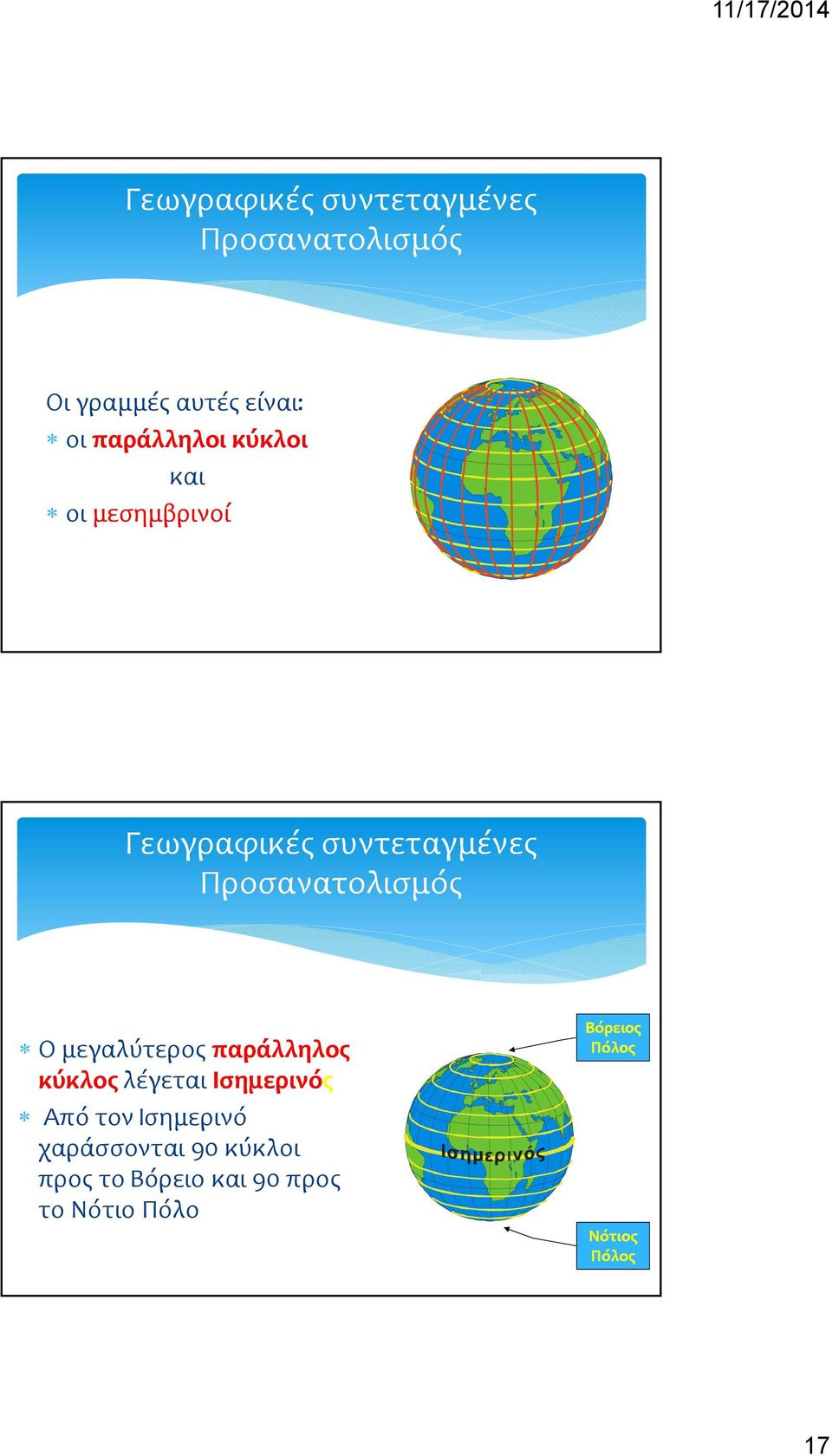 Προσανατολισμός Ο μεγαλύτερος παράλληλος κύκλος λέγεται Ισημερινός Από τον