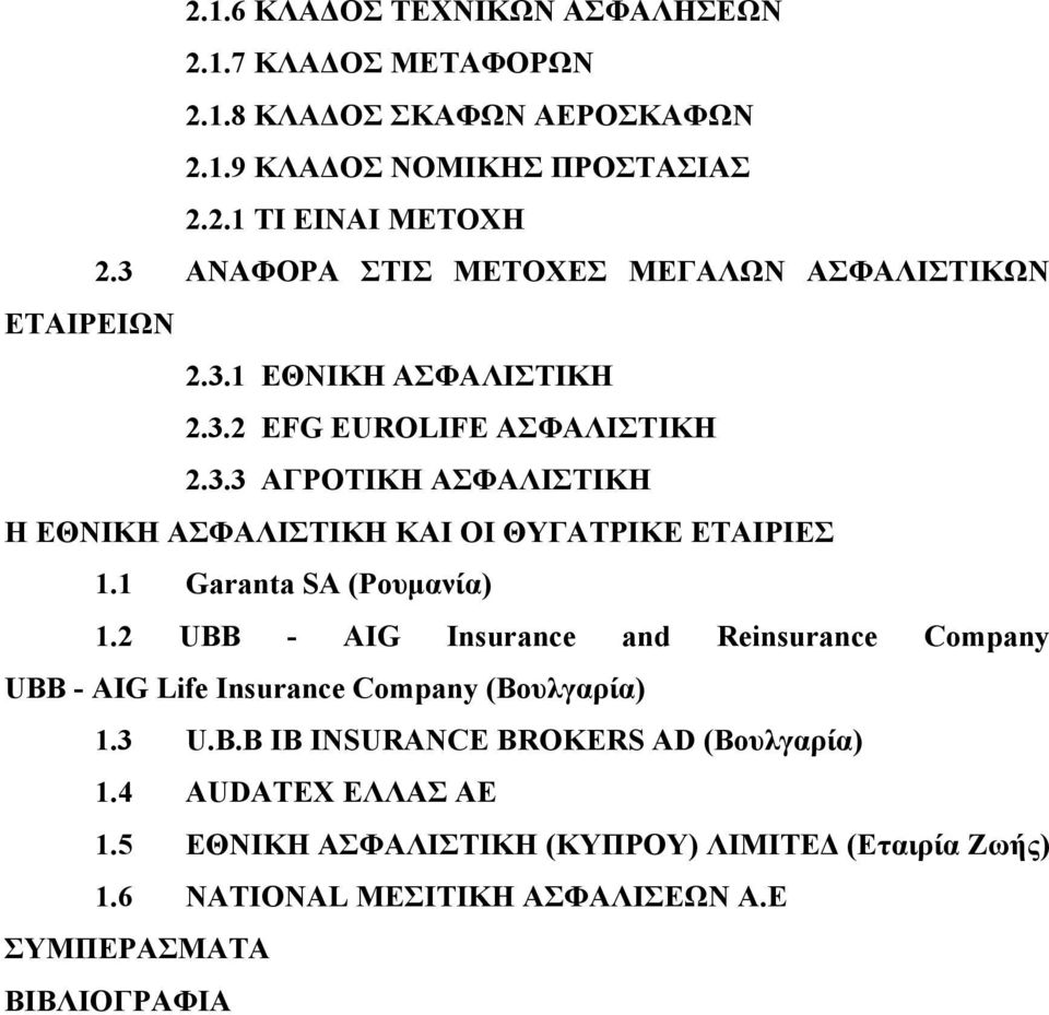 1 Garanta SA (Ρουμανία) 1.2 UBB - AIG Insurance and Reinsurance Company UBB - AIG Life Insurance Company (Βουλγαρία) 1.3 U.B.B IB INSURANCE BROKERS AD (Βουλγαρία) 1.