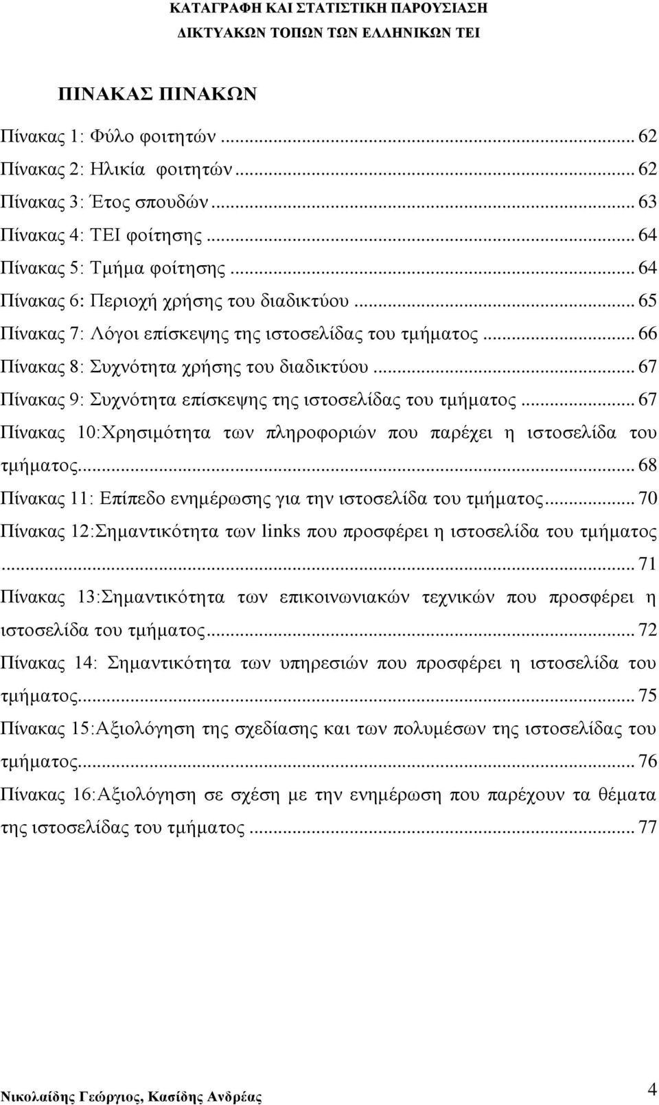 .. 67 Πίνακας 9: Συχνότητα επίσκεψης της ιστοσελίδας του τμήματος... 67 Πίνακας 10:Χρησιμότητα των πληροφοριών που παρέχει η ιστοσελίδα του τμήματος.