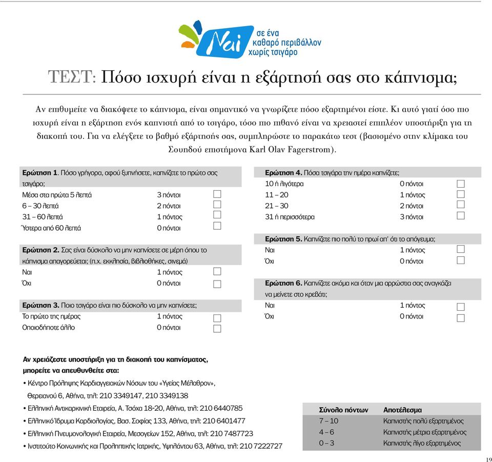 Για να ελέγξετε το βαθμό εξάρτησής σας, συμπληρώστε το παρακάτω τεστ (βασισμένο στην κλίμακα του Σουηδού επιστήμονα Karl Olav Fagerstrom). Ερώτηση 1.