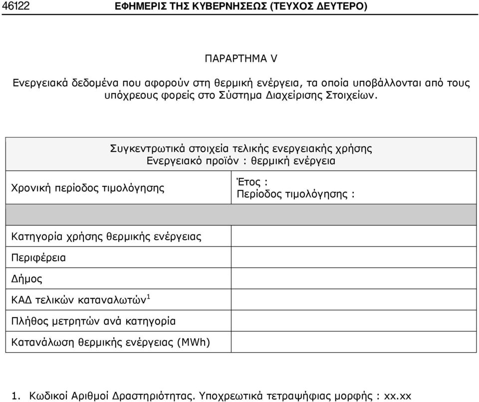 Ενεργειακό προϊόν : θερμική ενέργεια Κατηγορία χρήσης θερμικής ενέργειας ΚΑΔ τελικών καταναλωτών 1 Πλήθος