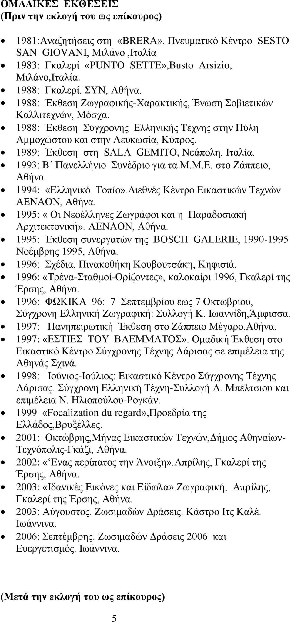 1989: Έθζεζε ζηε SALA GEMITO, Nεάπνιε, Ηηαιία. 1993: Β Παλειιήλην πλέδξην γηα ηα Μ.Μ.Δ. ζην Εάππεην, Αζήλα. 1994: «Διιεληθό Σνπίν».Γηεζλέο Κέληξν Δηθαζηηθώλ Σερλώλ ΑΔΝΑΟΝ, Αζήλα.