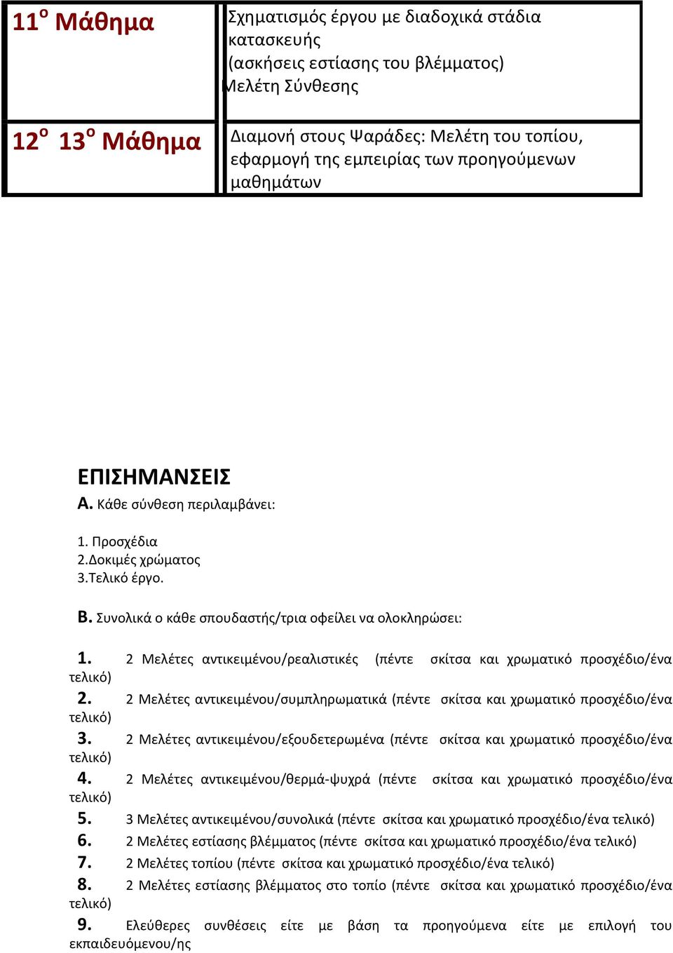 2 Μελέτες αντικειμένου/ρεαλιστικές (πέντε σκίτσα και χρωματικό προσχέδιο/ένα τελικό) 2. 2 Μελέτες αντικειμένου/συμπληρωματικά (πέντε σκίτσα και χρωματικό προσχέδιο/ένα τελικό) 3.