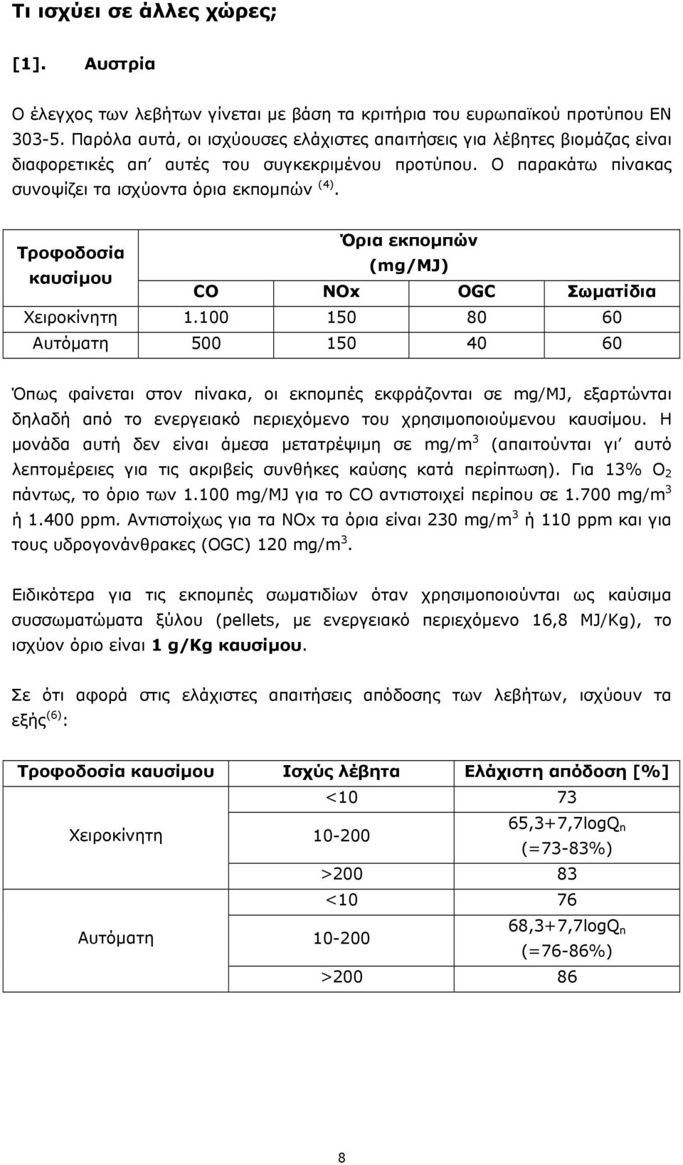 Όρια εκπομπών Τροφοδοσία (mg/mj) καυσίμου CO NOx OGC Σωματίδια Χειροκίνητη 1.