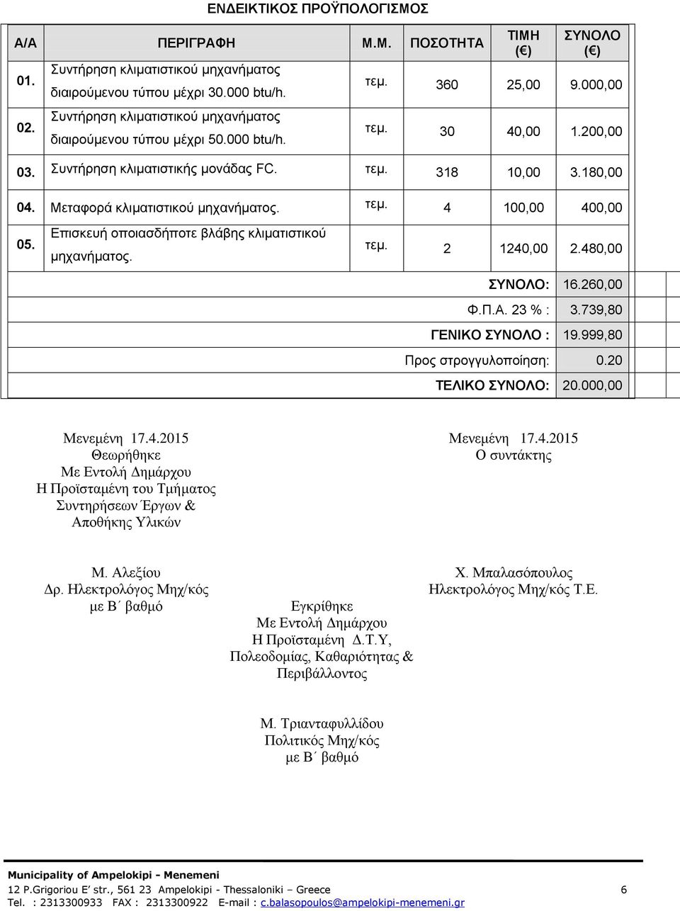 180,00 04. Μεταφορά κλιματιστικού μηχανήματος. τεμ. 4 100,00 400,00 05. Επισκευή οποιασδήποτε βλάβης κλιματιστικού μηχανήματος. τεμ. 2 1240,00 2.480,00 ΣΥΝΟΛΟ: 16.260,00 Φ.Π.Α. 23 % : 3.