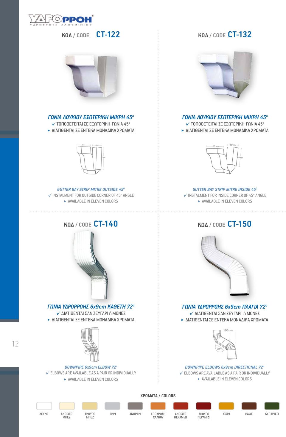 CORNER OF 45 ο ANGLE ΚΩΔ / CODE CT-140 ΚΩΔ / CODE CT-150 ΓΩΝΙΑ ΥΔΡΟΡΡΟΗΣ 6x9cm ΚΑΘΕΤΗ 72 ο ΔΙΑΤΙΘΕΝΤΑΙ ΣΑΝ ΖΕΥΓΑΡΙ ή ΜΟΝΕΣ ΔΙΑΤΙΘΕΝΤΑΙ ΣΕ ΕΝΤΕΚΑ ΜΟΝΑΔΙΚΑ ΧΡΩΜΑΤΑ ΓΩΝΙΑ ΥΔΡΟΡΡΟΗΣ 6x9cm ΠΛΑΓΙΑ 72 o