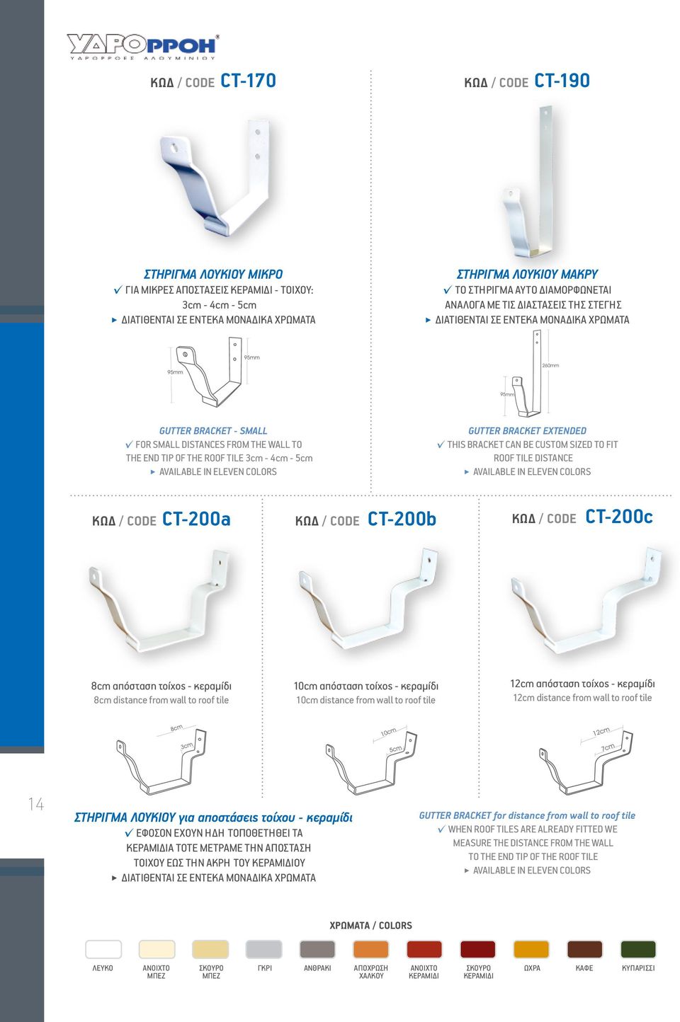 GUTTER BRACKET ΕΧΤENDED THIS BRACKET CAN BE CUSTOM SIZED TO FIT ROOF TILE DISTANCE ΚΩΔ / CODE CT-200a ΚΩΔ / CODE CT-200b ΚΩΔ / CODE CT-200c 8cm απόσταση τοίχος - κεραμίδι 8cm distance from wall to