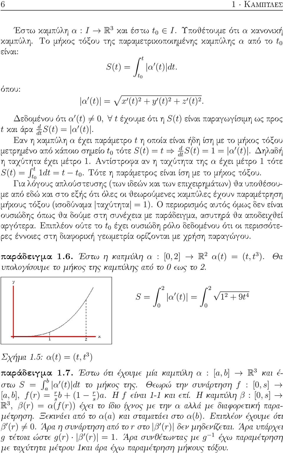 Εαν η καμπύλη α έχει παράμετρο t η οποία είναι ήδη ίση με το μήκος τόξου μετρημένο από κάποιο σημείο t 0 τότε S(t) = t d S(t) = 1 = dt α (t). Δηλαδή η ταχύτητα έχει μέτρο 1.