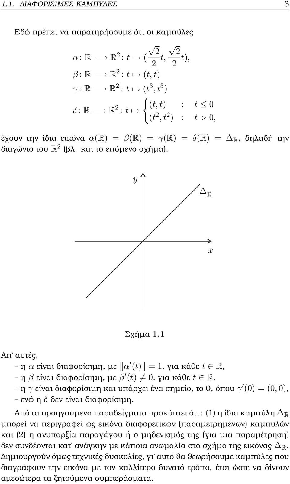 1 Απ αυτές, η α είναι διαφορίσιµη, µε α (t) = 1, για κάθε t R, η β είναι διαφορίσιµη, µε β (t) 0, για κάθε t R, η γ είναι διαφορίσιµη και υπάρχει ένα σηµείο, το 0, όπου γ (0) = (0,0), ενώ η δ δεν