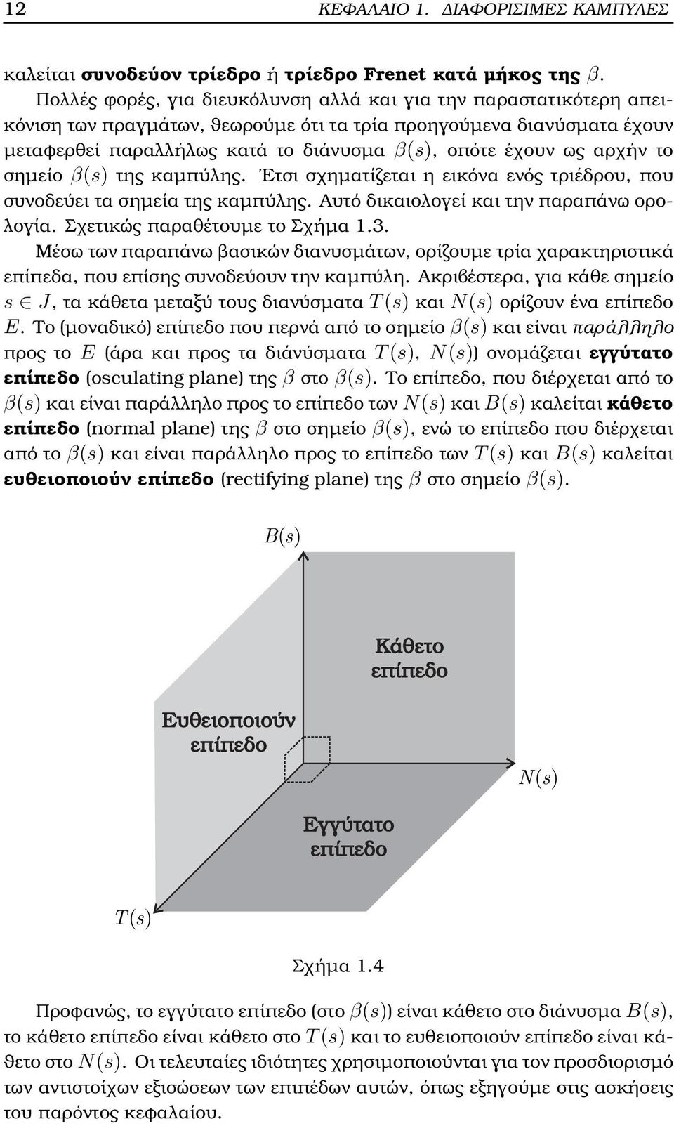 αρχήν το σηµείο β(s) της καµπύλης. Ετσι σχηµατίζεται η εικόνα ενός τριέδρου, που συνοδεύει τα σηµεία της καµπύλης. Αυτό δικαιολογεί και την παραπάνω ορολογία. Σχετικώς παραθέτουµε το Σχήµα 1.3.