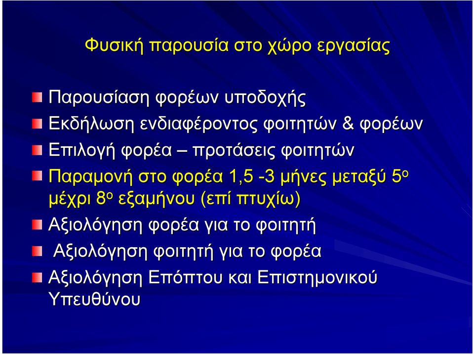 φορέα 1,5-3 μήνες μεταξύ 5 ο μέχρι 8 ο εξαμήνου (επί πτυχίω) Αξιολόγηση φορέα