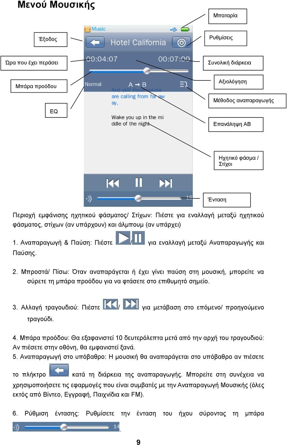 Μπροστά/ Πίσω: Όταν αναπαράγεται ή έχει γίνει παύση στη μουσική, μπορείτε να σύρετε τη μπάρα προόδου για να φτάσετε στο επιθυμητό σημείο. 3.