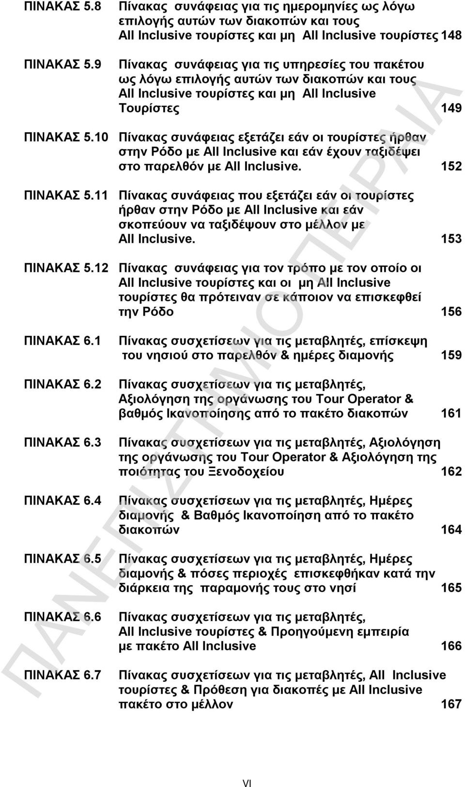 10 Πίνακας συνάφειας εξετάζει εάν οι τουρίστες ήρθαν στην Ρόδο με All Inclusive και εάν έχουν ταξιδέψει στο παρελθόν με All Inclusive. 152 ΠΙΝΑΚΑΣ 5.