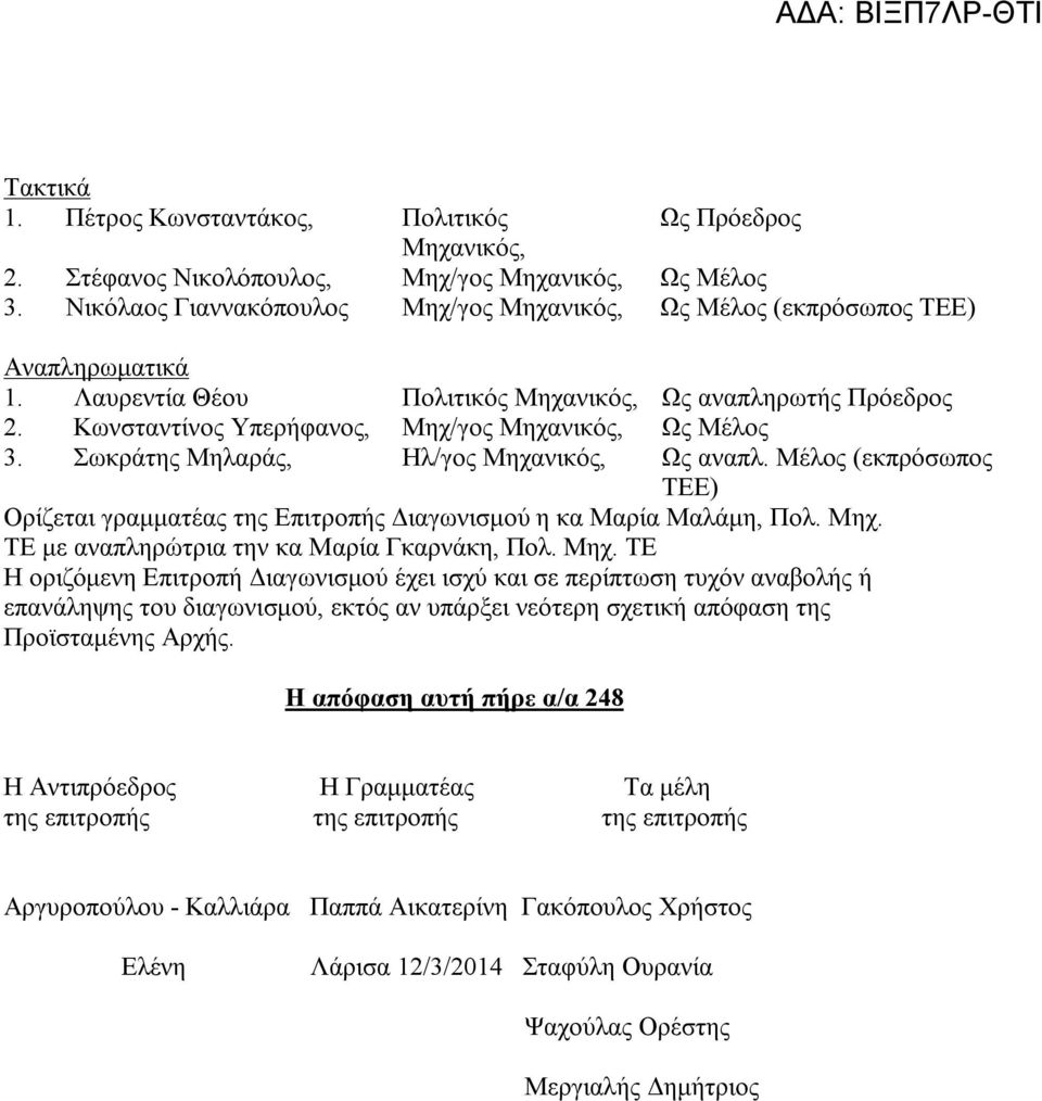 Κωνσταντίνος Υπερήφανος, Μηχ/γος Μηχανικός, Ως Μέλος 3. Σωκράτης Μηλαράς, Ηλ/γος Μηχανικός, Ως αναπλ. Μέλος (εκπρόσωπος ΤΕΕ) Ορίζεται γραμματέας της Επιτροπής Διαγωνισμού η κα Μαρία Μαλάμη, Πολ. Μηχ. ΤΕ με αναπληρώτρια την κα Μαρία Γκαρνάκη, Πολ.