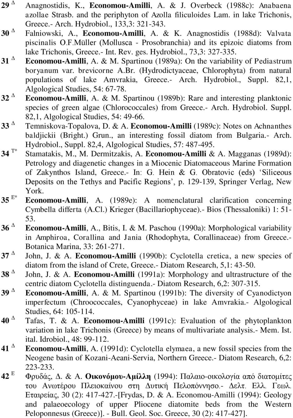 Hydrobiol., 73,3: 327-335. 31 Δ Economou-Amilli, A. & M. Spartinou (1989a): On the variability of Pediastrum boryanum var. brevicorne A.Br.