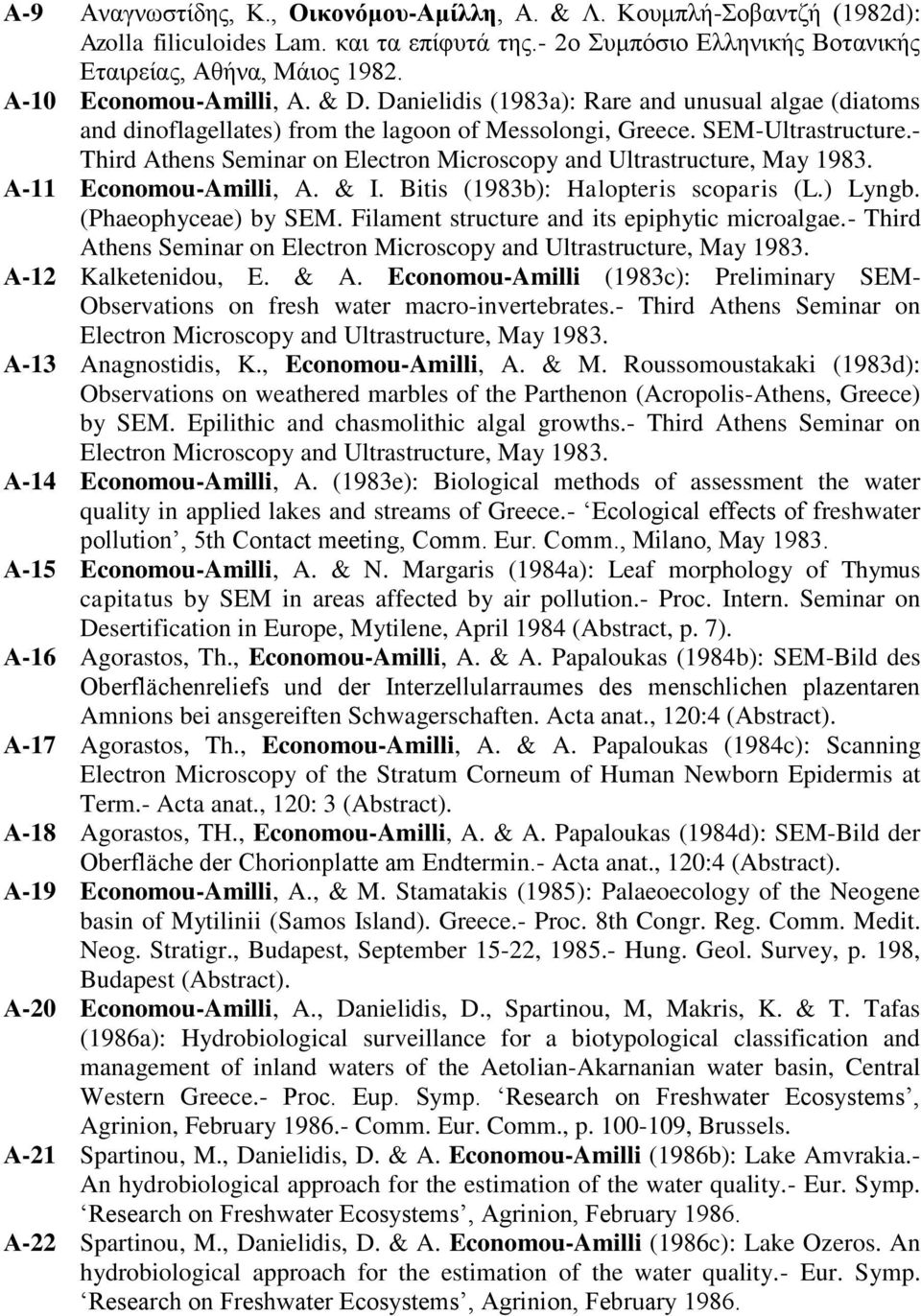 - Third Athens Seminar on Electron Microscopy and Ultrastructure, May 1983. Α-11 Economou-Amilli, A. & I. Bitis (1983b): Halopteris scoparis (L.) Lyngb. (Phaeophyceae) by SEM.