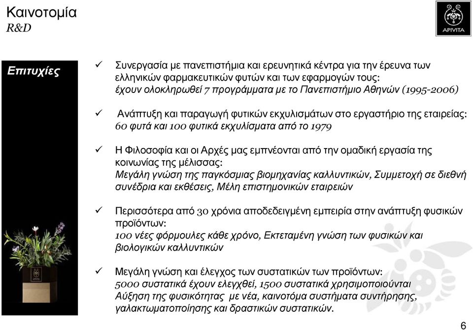 της µέλισσας: Μεγάλη γνώση της παγκόσµιας βιοµηχανίας καλλυντικών, Συµµετοχή σε διεθνή συνέδρια και εκθέσεις, Μέλη επιστηµονικών εταιρειών Περισσότερα από 30 χρόνια αποδεδειγµένη εµπειρία στην